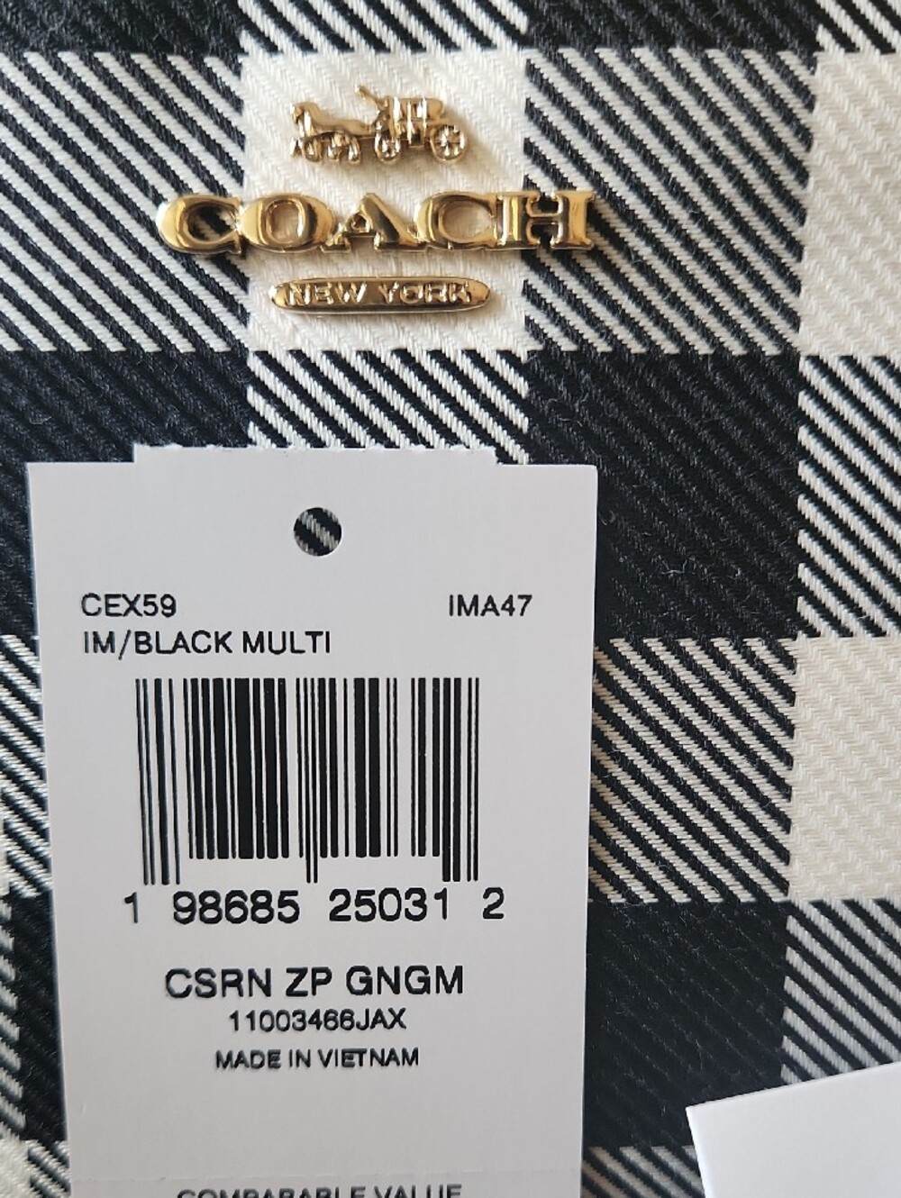 Coach Black and White Buffalo Plaid Wristlet Pouch with Gold Hardware With Charm - Picture 4 of 5